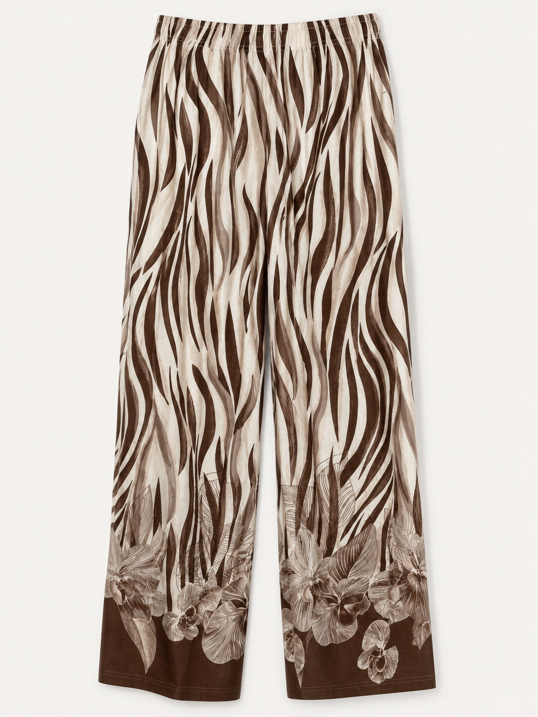 Calças wide leg animal print em viscose e linho sem modelo, com cintura totalmente elástica e franzida