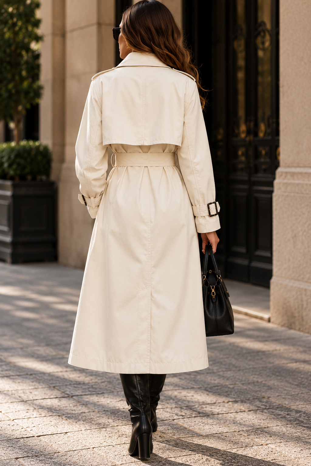Gabardina longa creme Minority vista de costas totalmente fechada, com pala e cinto
