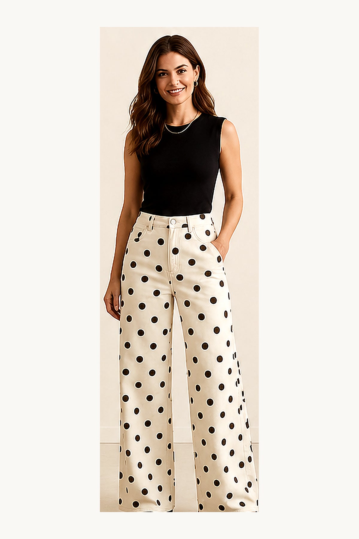 Modelo veste calças wide leg ecru com poá castanho e top preto justo — Golden K GF001