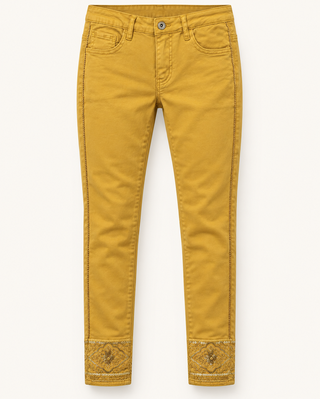 Calças slim amarelo torrado sem modelo — cinco bolsos, galão lateral e faixa bordada na bainha