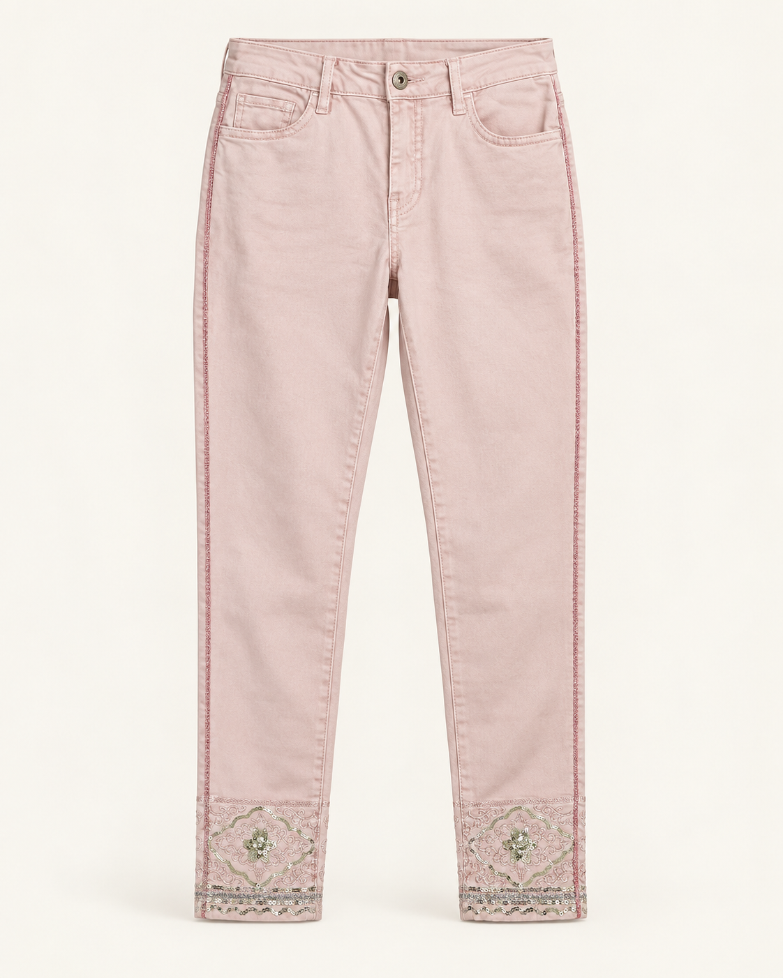 Calças slim rosa antigo sem modelo — cinco bolsos, galão lateral e faixa bordada na bainha