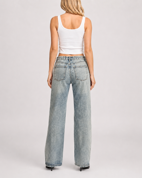 Calças Denim Vintage com Estampado de Cães - Vista de Costas - Baseventi