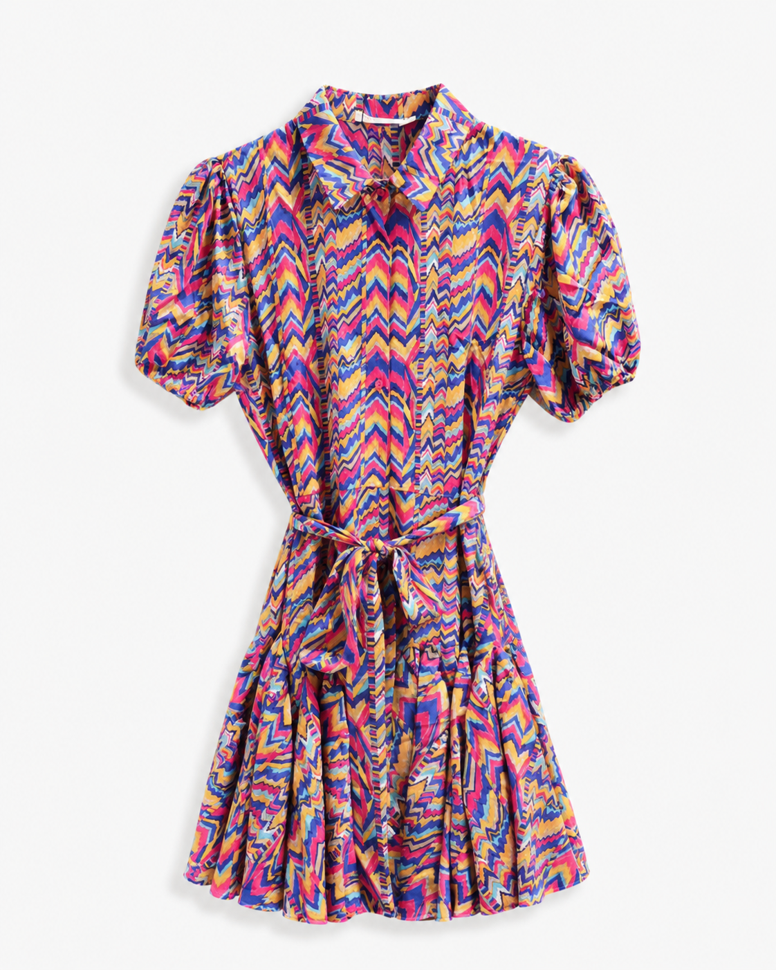 Vestido curto estampado chevron rosa e amarelo com gola clássica, botões frontais e saia rodada