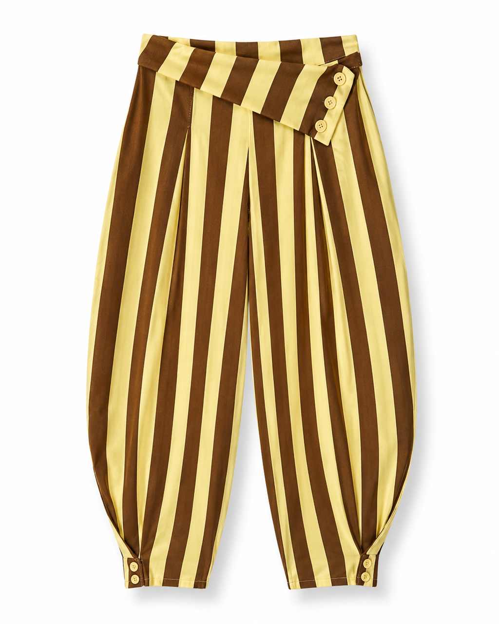 Calça balloon amarelo e castanho com cintura assimétrica e botões na barra