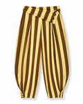 Calça balloon amarelo e castanho com cintura assimétrica e botões na barra