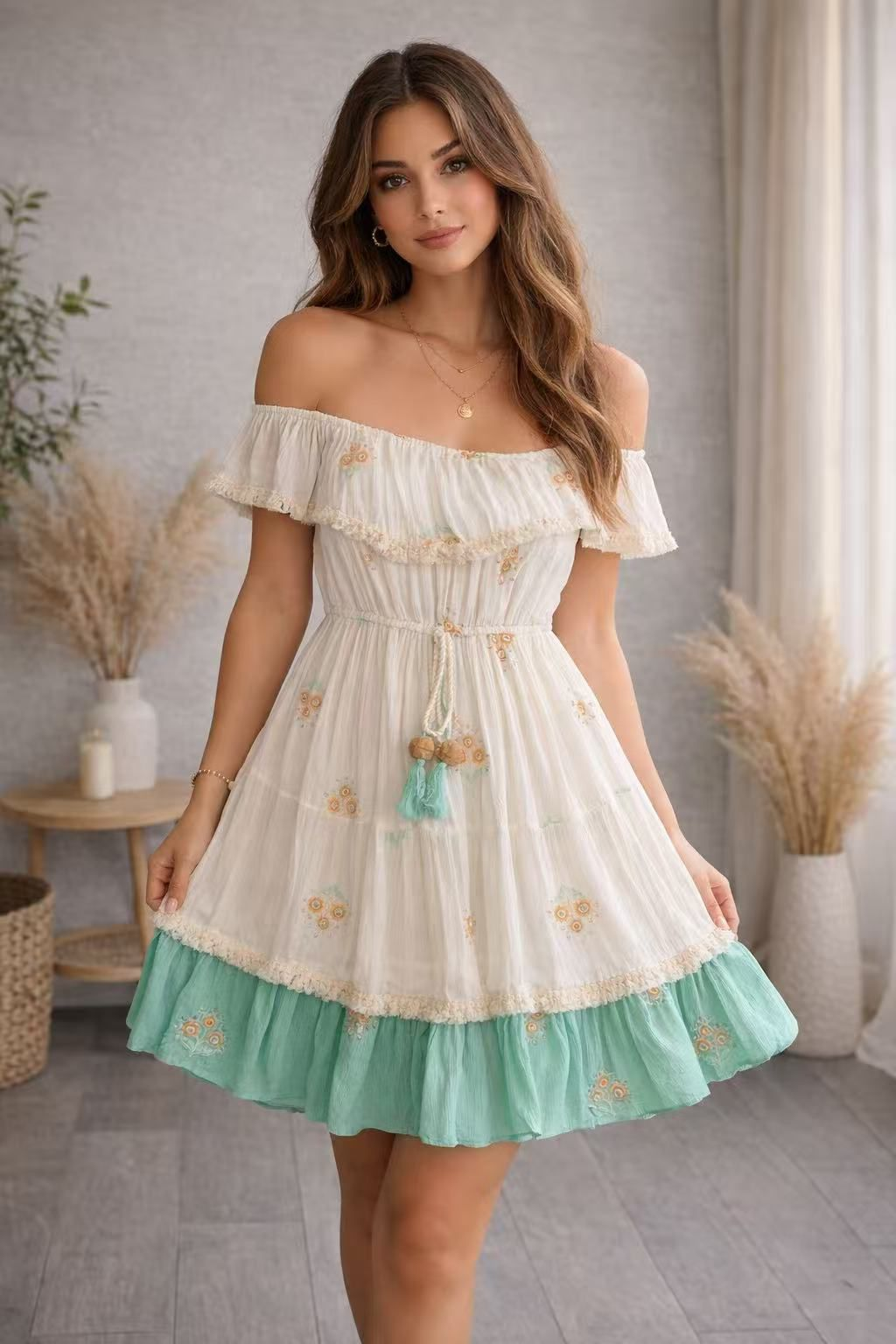 Vestido Boho Bordado Verde Agua - vista frontal