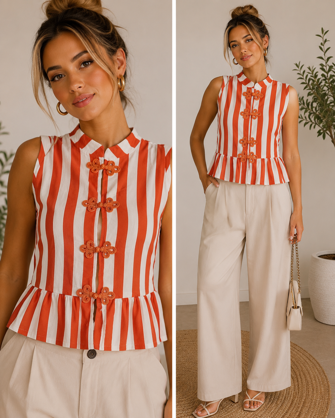 Modelo vestindo colete listrado vermelho-laranja e off-white com fechos decorativos frontais e barra peplum franzida, combinado com calças largas bege