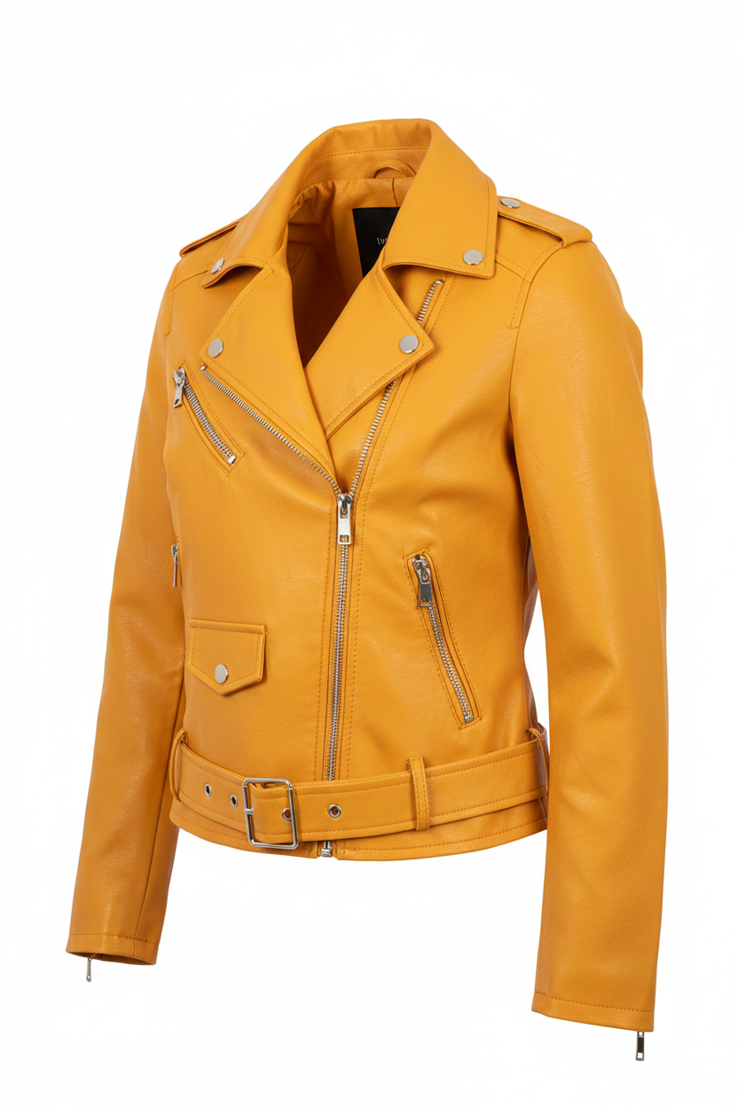 Casaco biker amarelo vivo em pele sintética, sem modelo, fundo branco