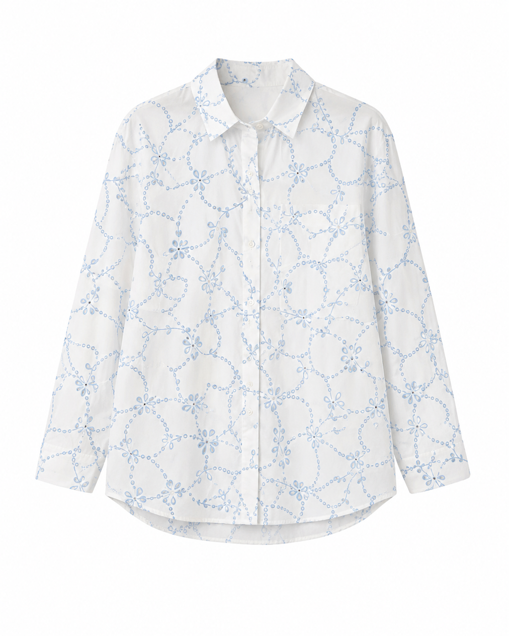 Camisa branca com bordado floral azul celeste, manga comprida e botões frontais