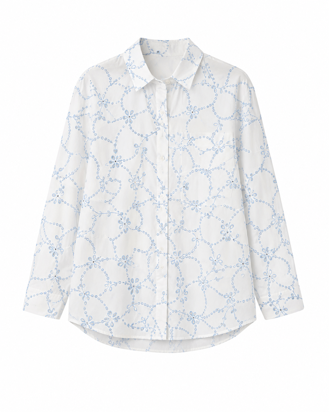 Camisa branca com bordado floral azul celeste, manga comprida e botões frontais