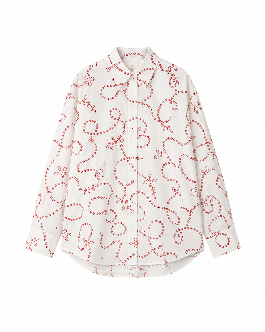 Camisa branca com bordado floral vermelho, botões frontais e manga comprida