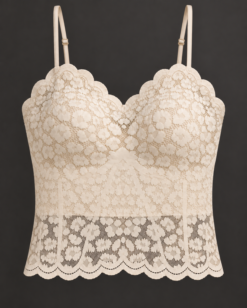 Top de renda bege Bisou's Project: frente com forro liso que desce abaixo das copas e renda transparente na parte inferior