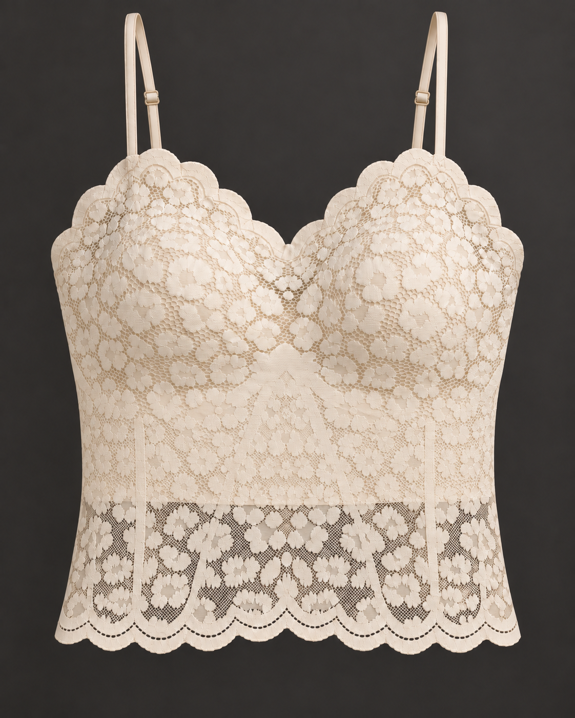Top de renda bege Bisou's Project: frente com forro liso que desce abaixo das copas e renda transparente na parte inferior