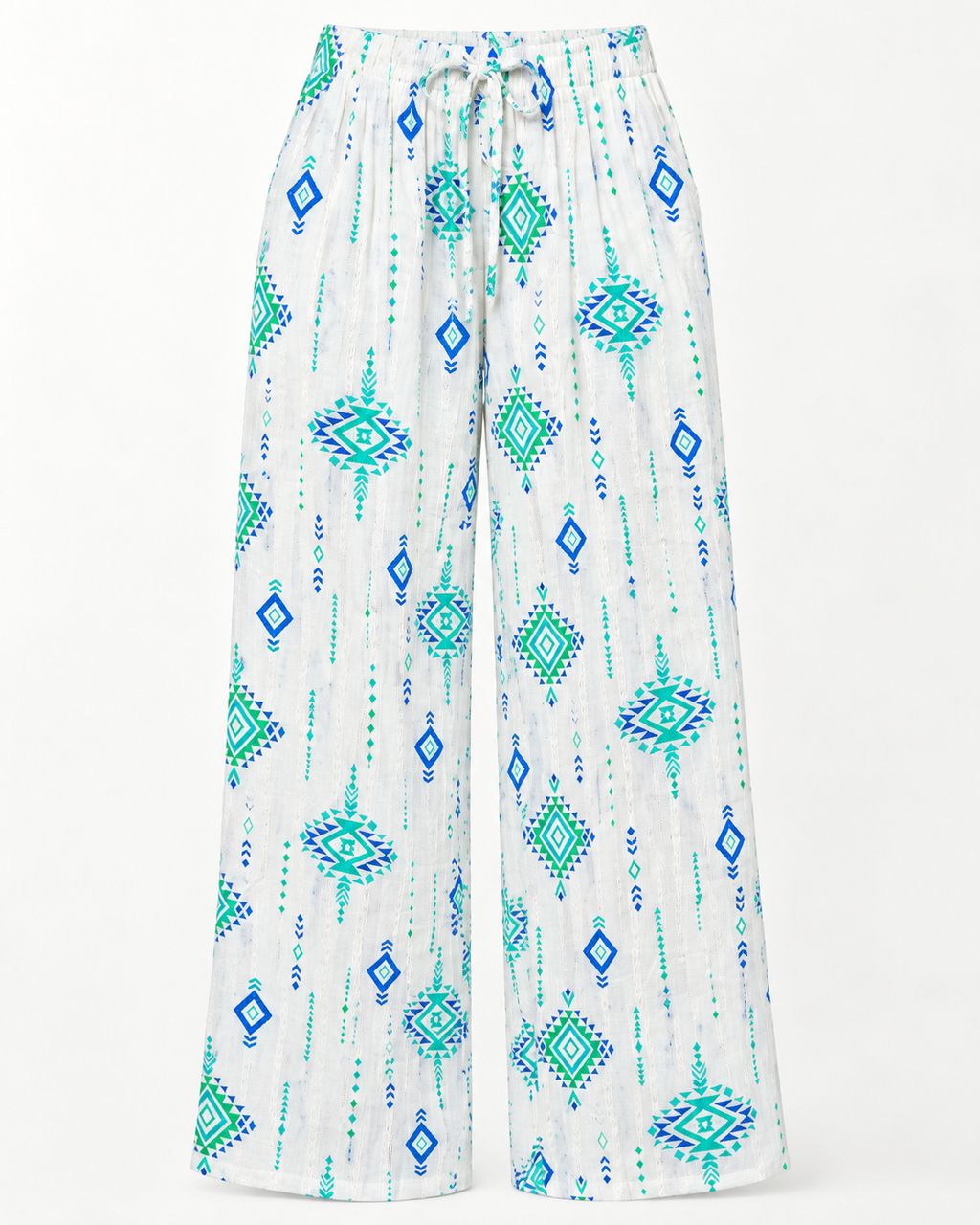 Calças palazzo brancas com estampado ikat verde e azul, peça vista de frente sem modelo