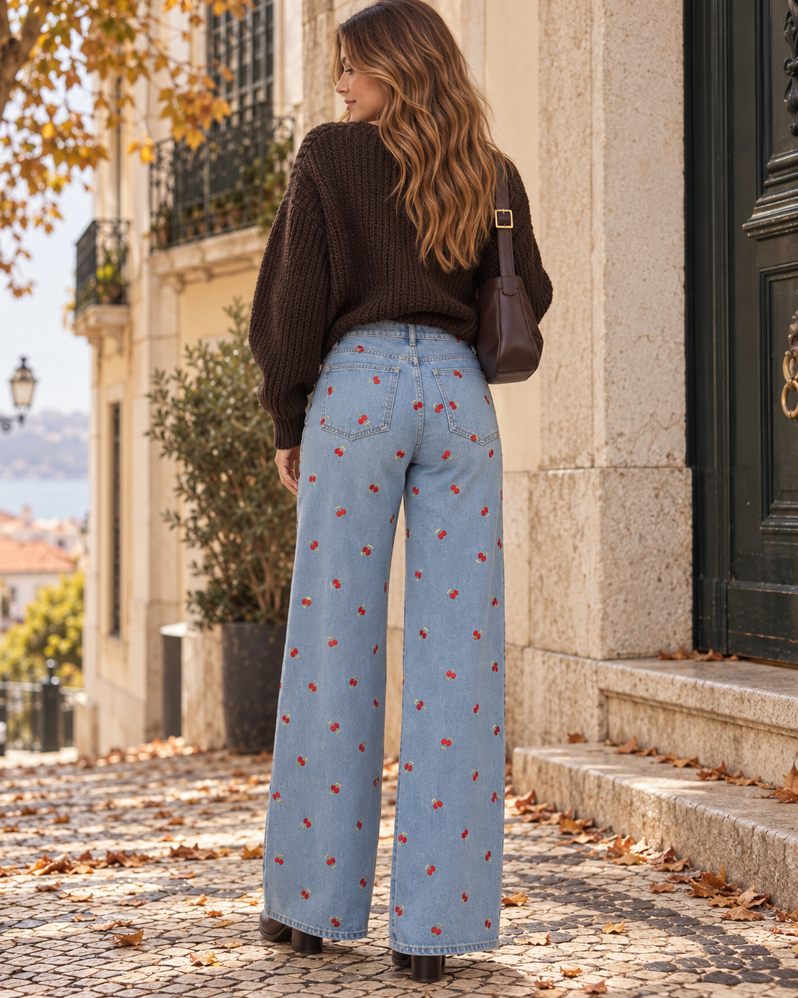 Calças jeans com cerejas bordadas, vista de costas em modelo, perna larga