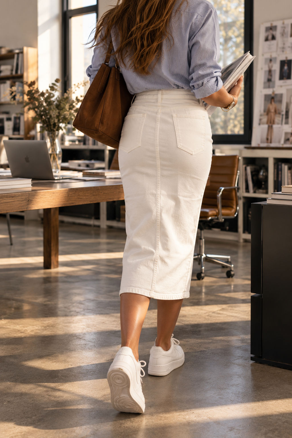 Saia midi denim off-white JS Millennium vista de costas em look de escritório com ténis