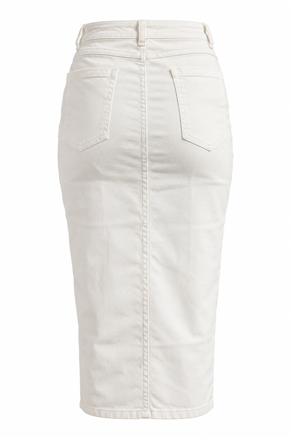 Saia midi denim off-white JS Millennium vista de costas com bolsos traseiros