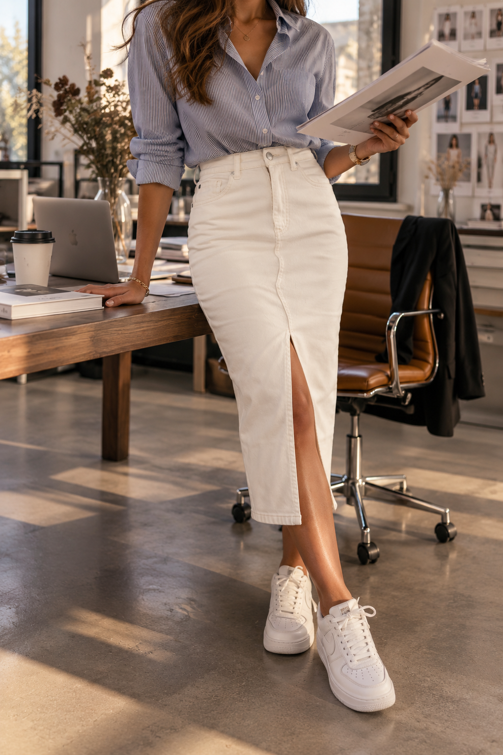 Saia midi denim off-white JS Millennium com racha frontal, look de escritório com ténis