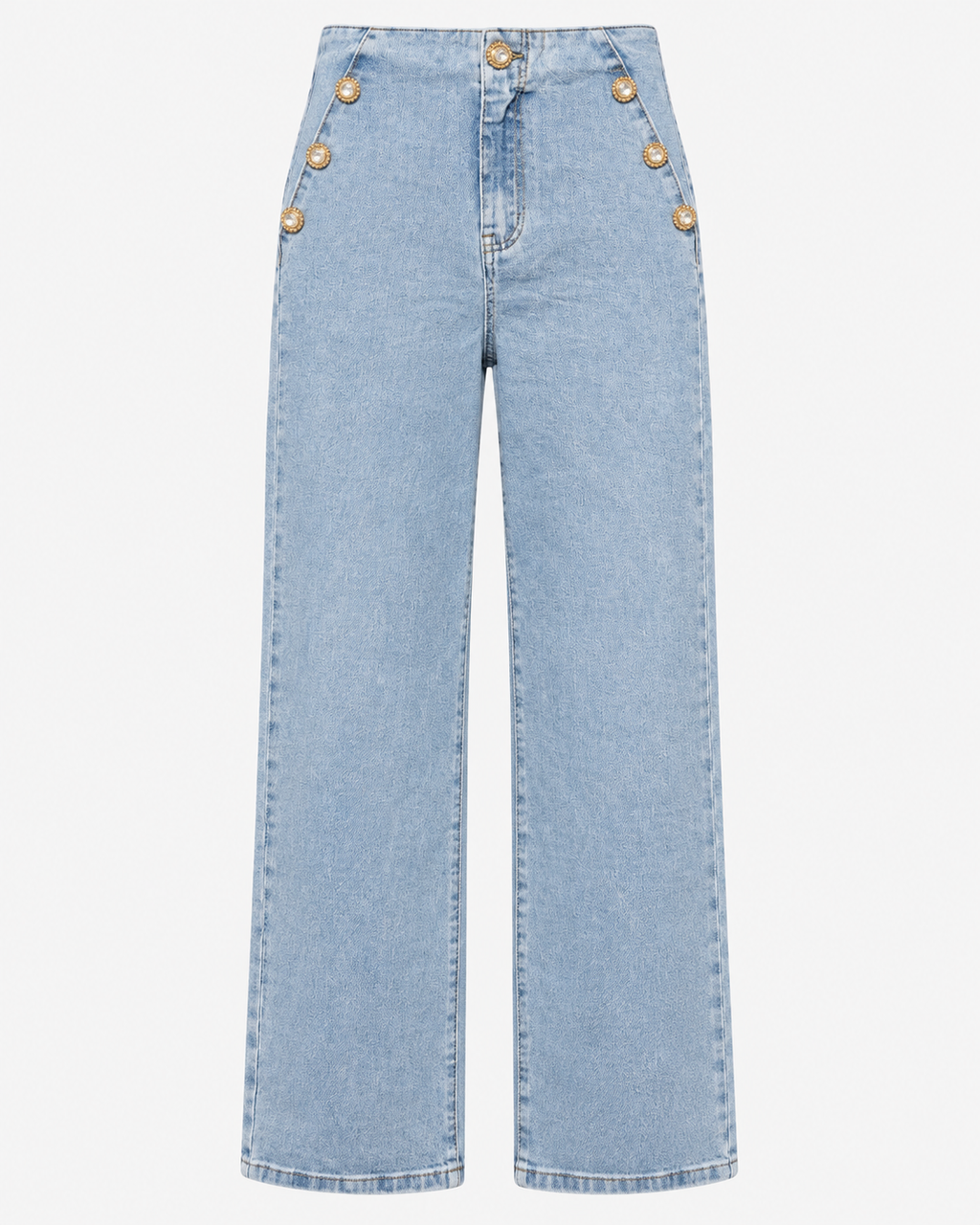 Calças wide leg de ganga azul-claro sem modelo, frente lisa com seis botões dourados ornamentais
