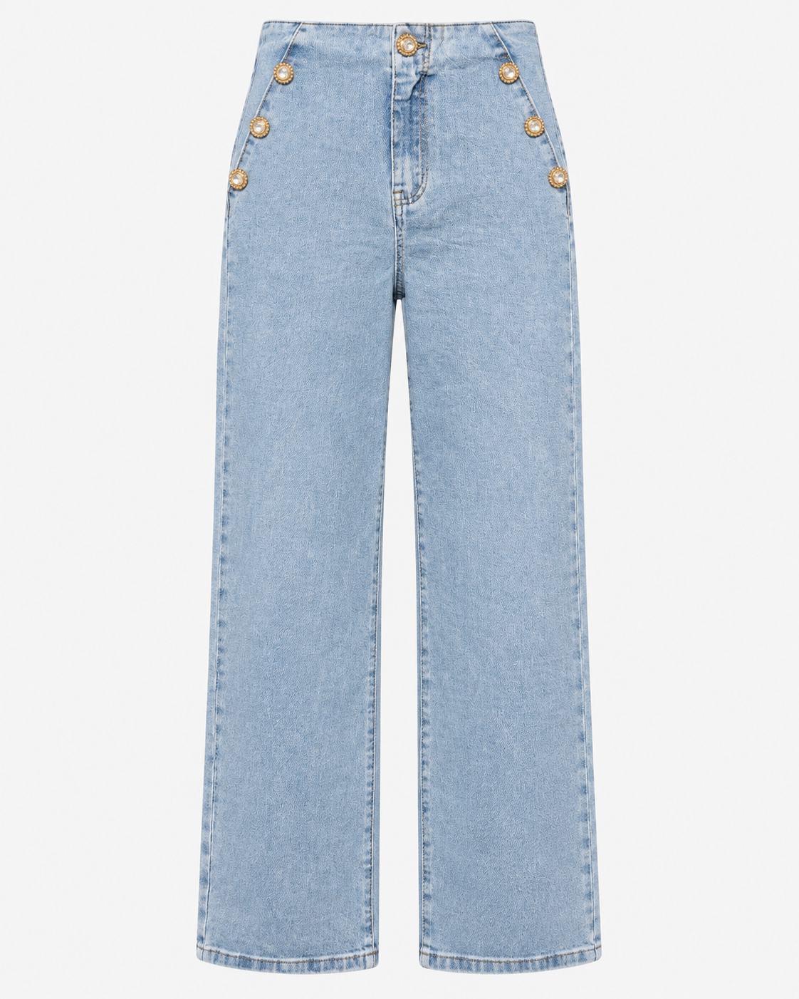 Calças wide leg de ganga azul-claro sem modelo, frente lisa com seis botões dourados ornamentais