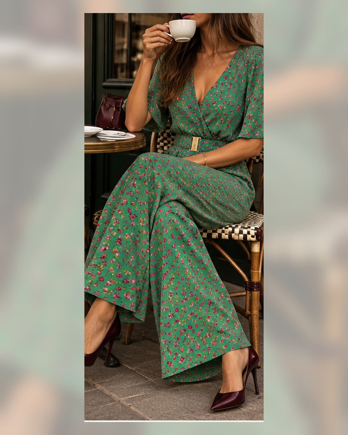 Macacão verde floral com perna larga e scarpin, look editorial