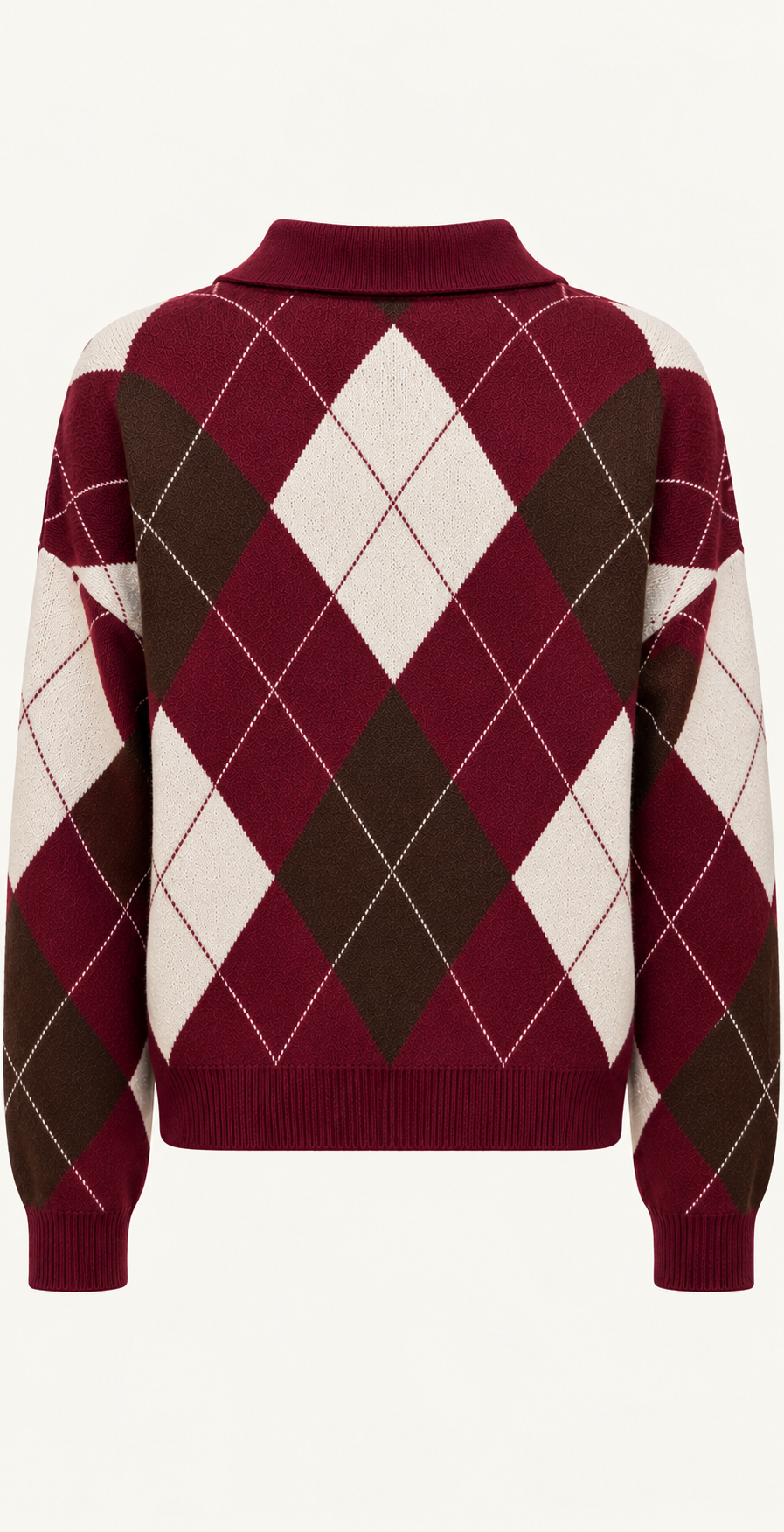 Camisola de malha argyle com gola polo em bordô, costas sem modelo