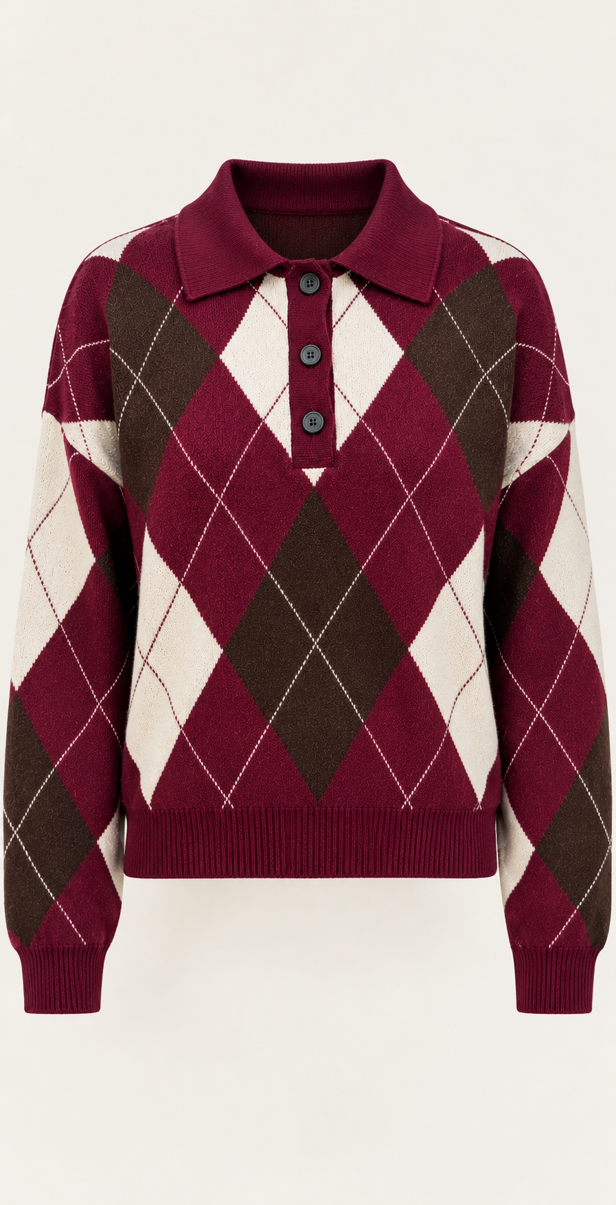 Camisola de malha argyle com gola polo em bordô, frente sem modelo