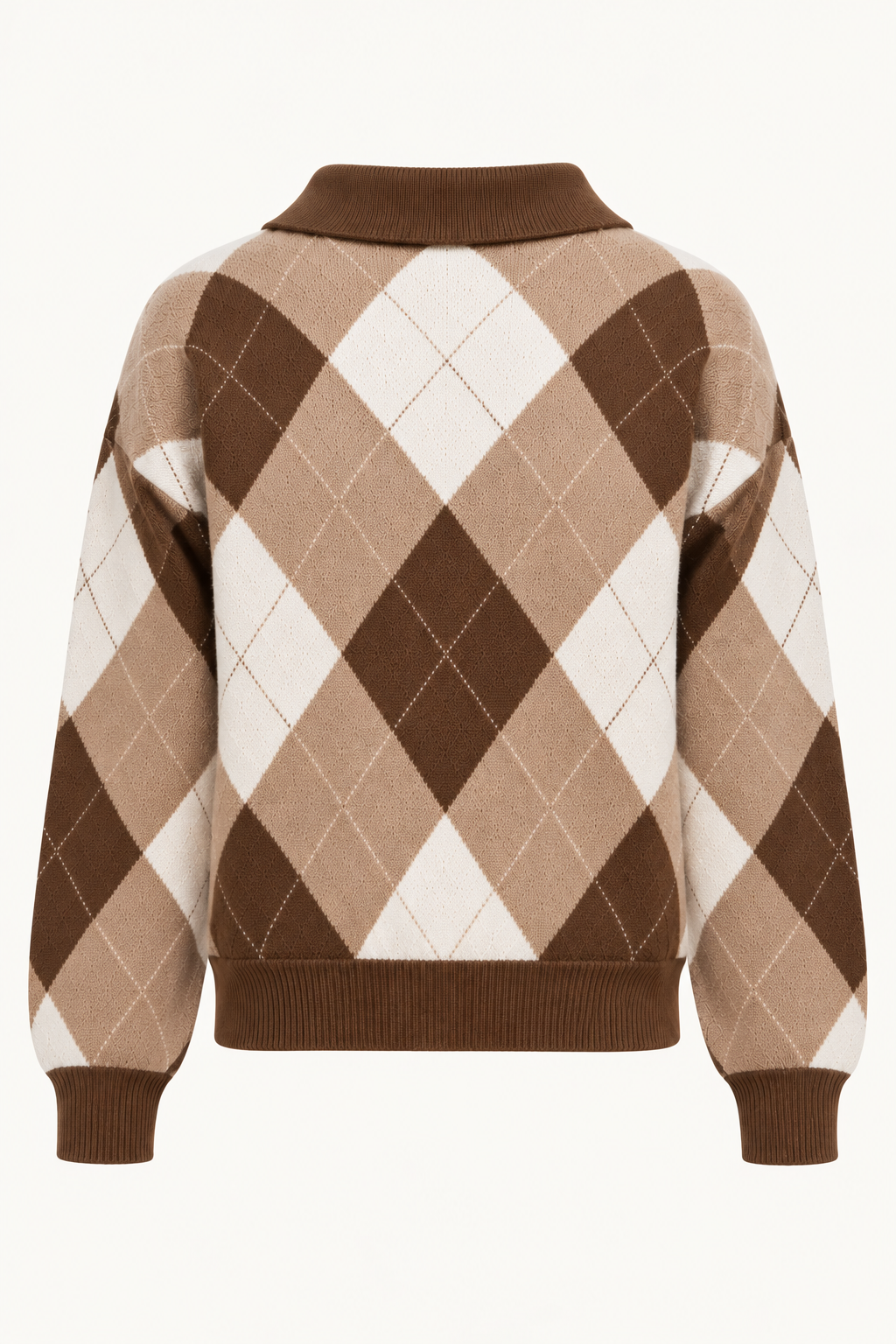 Camisola de malha argyle com gola polo em chocolate, costas sem modelo