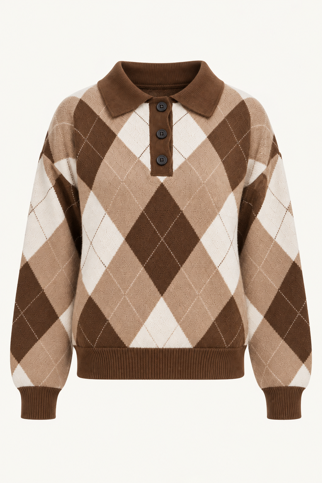 Camisola de malha argyle com gola polo em chocolate, frente sem modelo