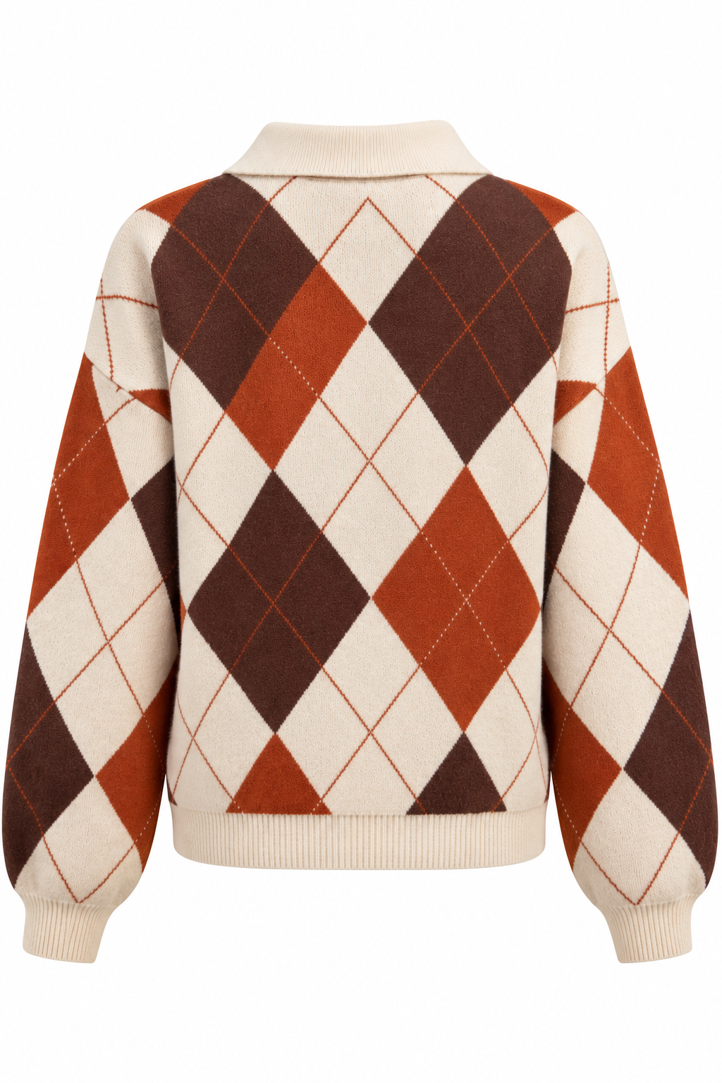 Camisola de malha argyle com gola polo em creme e terracota, costas sem modelo