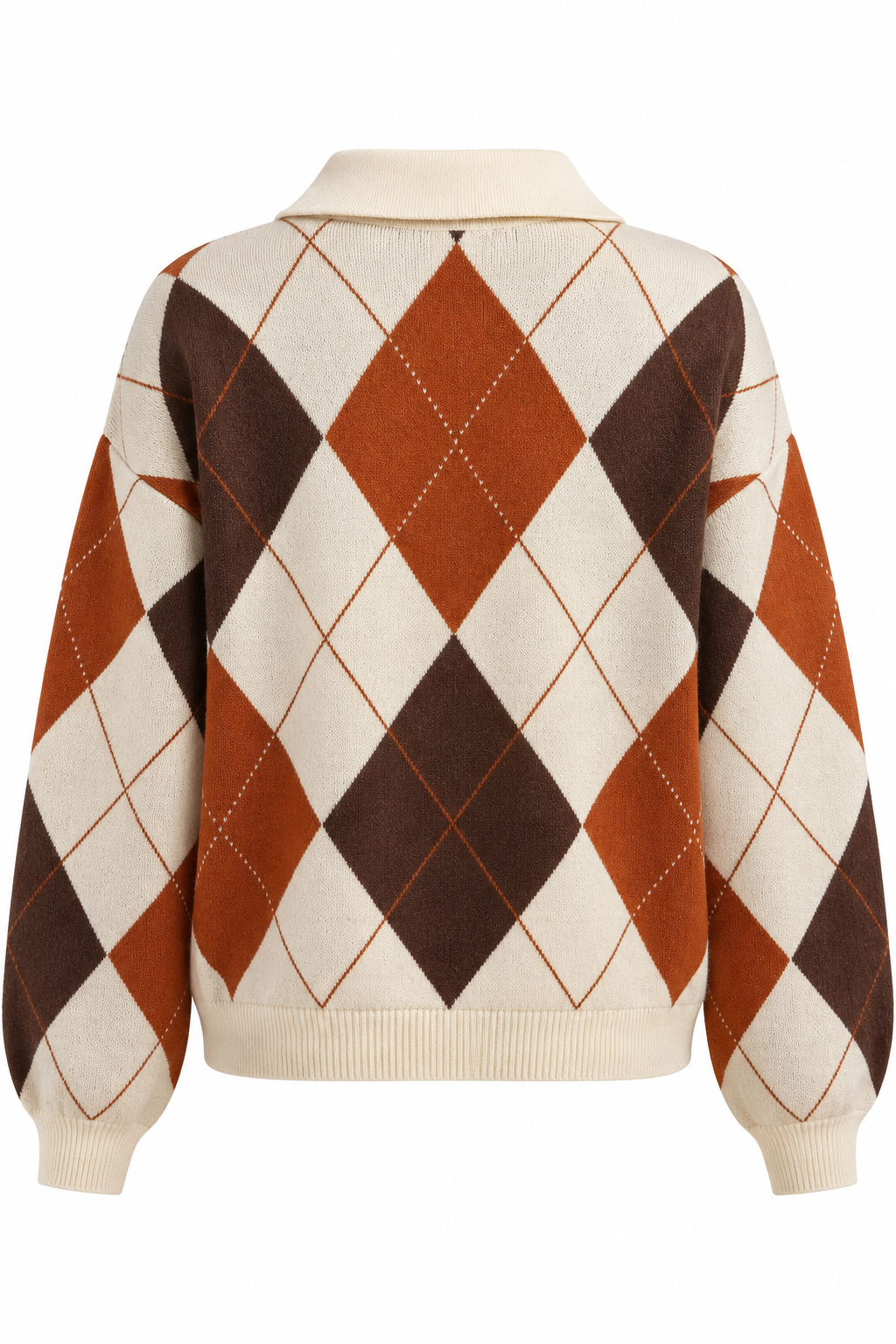 Camisola de malha argyle com gola polo em creme e terracota, frente sem modelo