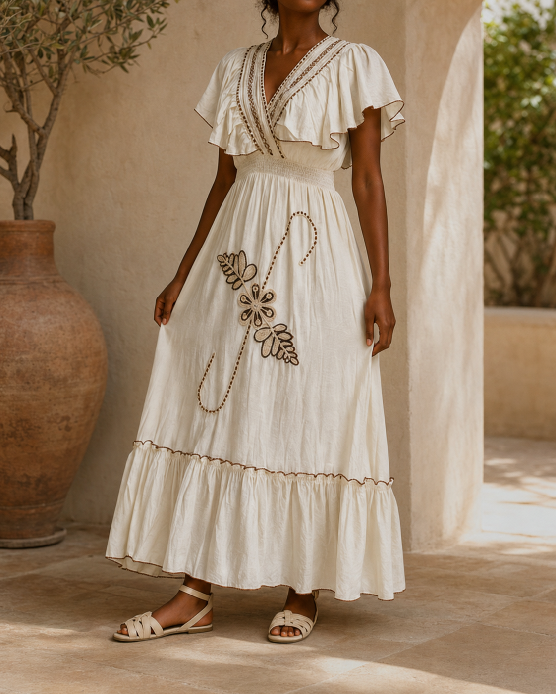 Vestido Longo Bege com Bordados Florais e Folhos — editorial 4:5 — JUST ONE MORE