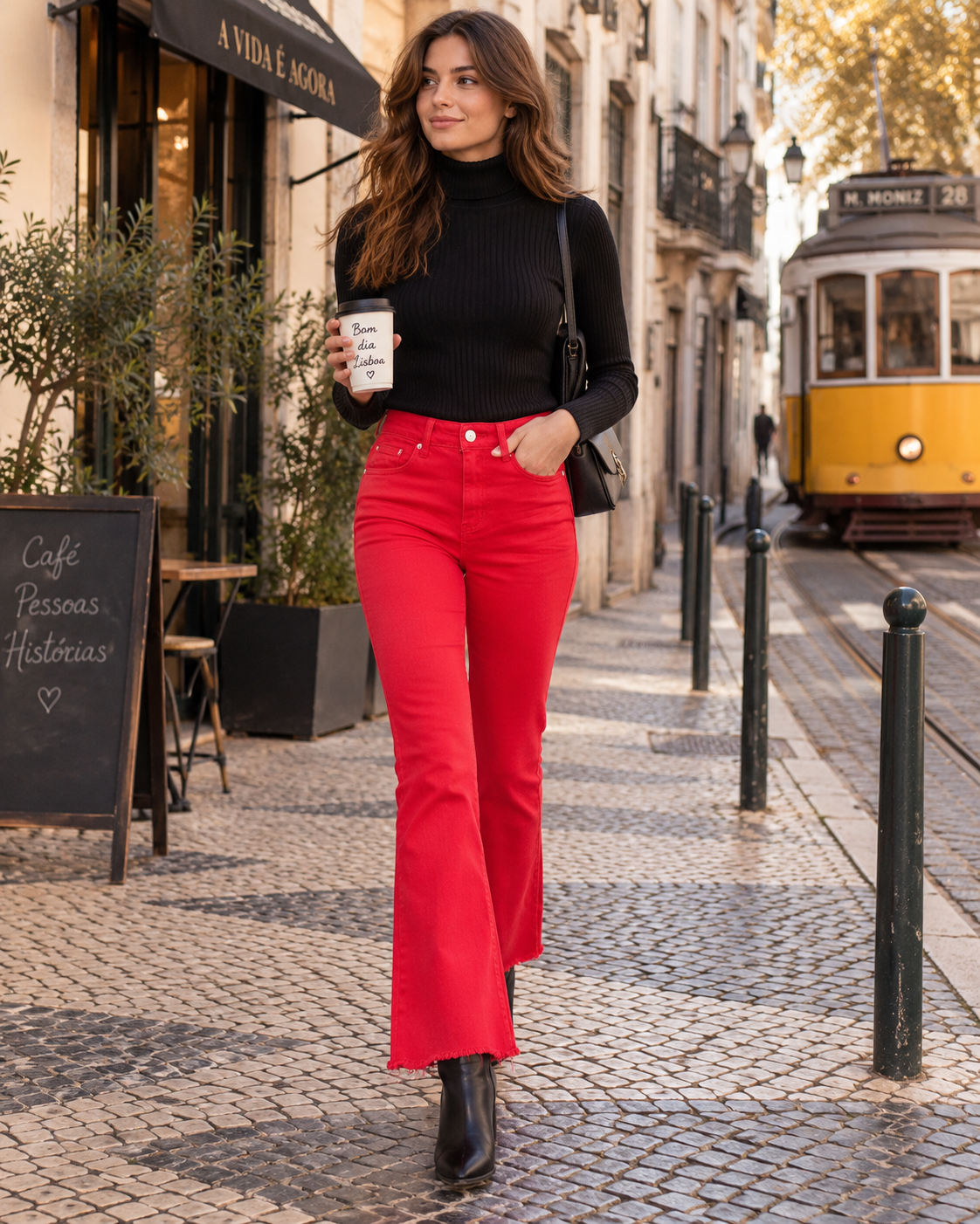 Calças flare vermelhas Zac & Zoé B3312-R com malha preta e botas, look de outono em Lisboa